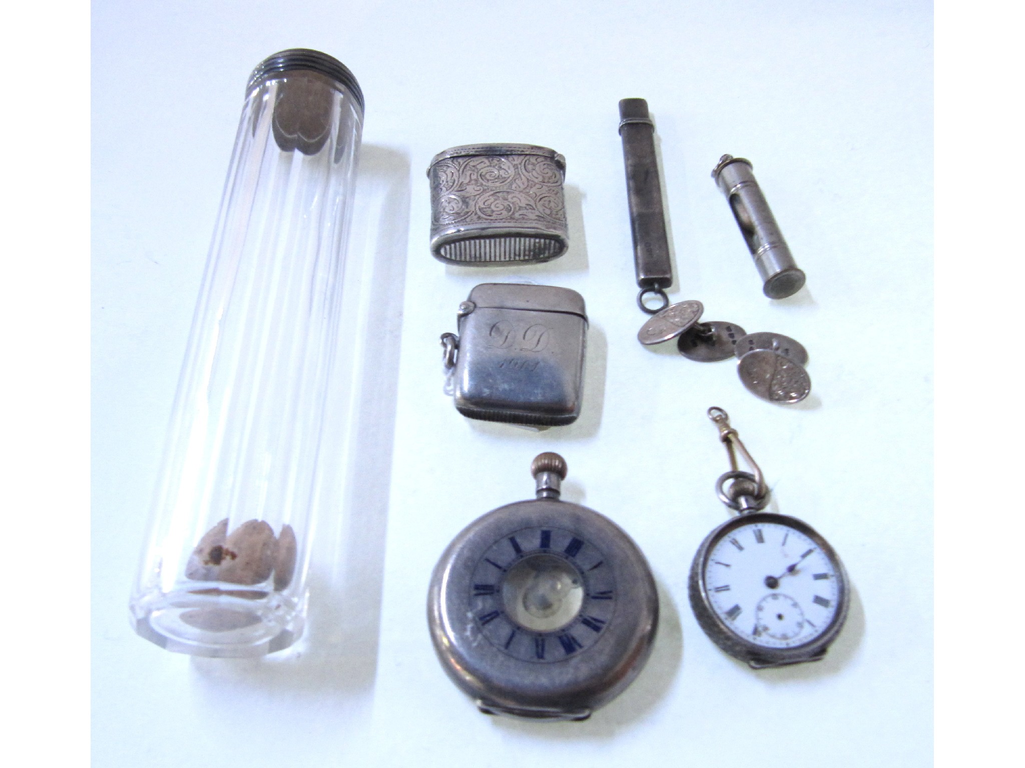 Appraisal: A lot comprising two silver vestas a pocket watch fob