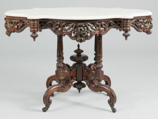 Appraisal: Marble Top Center Table att Meeks Victorian laminated carved rosewood