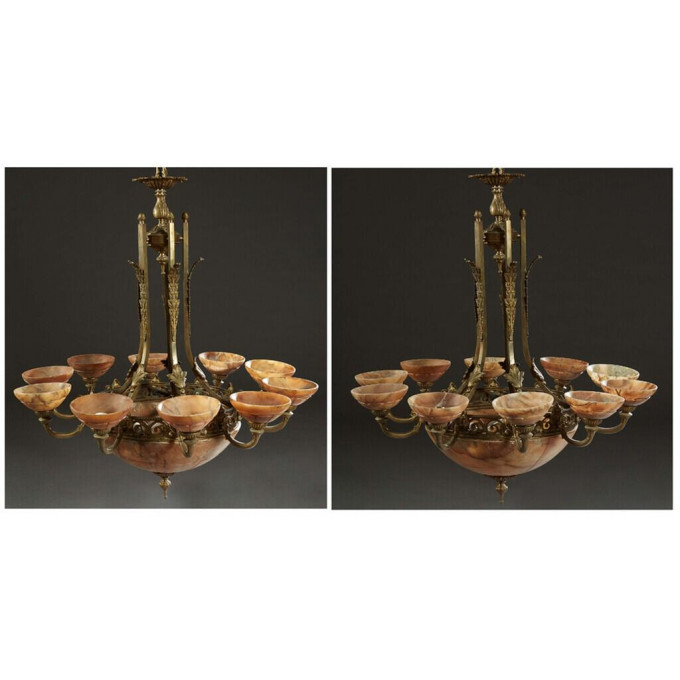 Appraisal: Pair of French Bronze and Alabaster Twelve Light Chandeliers late