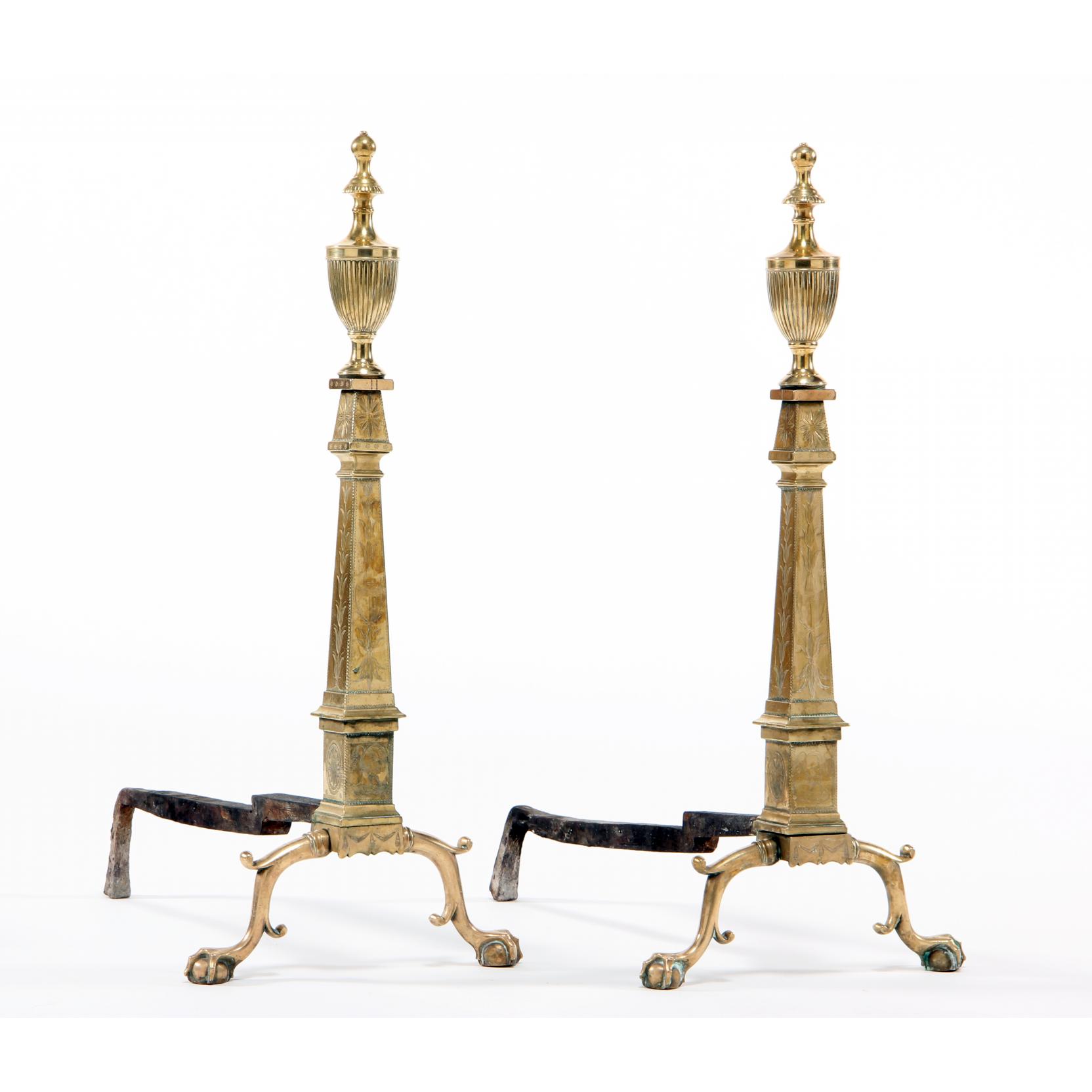 Appraisal: Important Pair of Federal Engraved Brass Andirons New York or