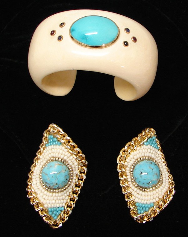 Appraisal: Ivory cuff bracelet with turquoise and gemstone mounts paired with