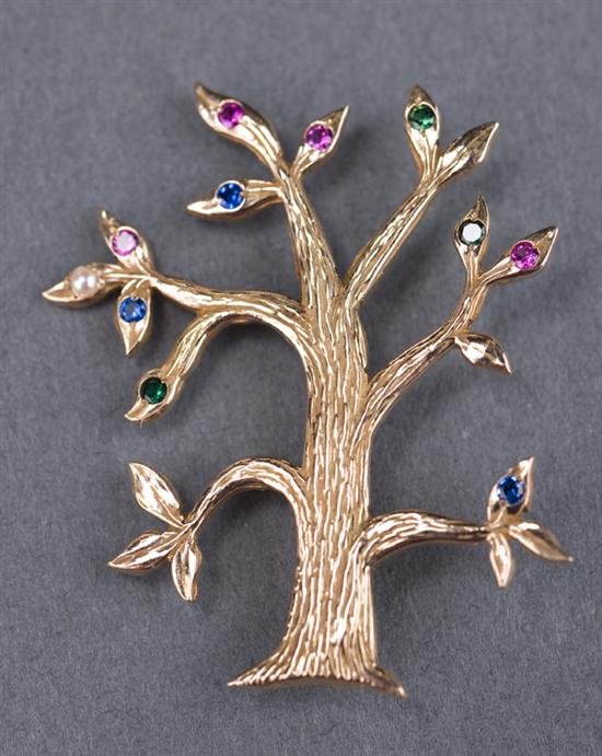 Appraisal: KT yellow gold tree pin set with synthetic stones Pin