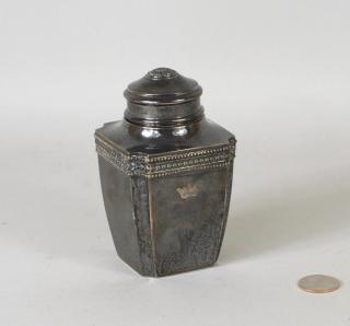 Appraisal: French Silver Tea Caddy W Armorial Crest French silver tea