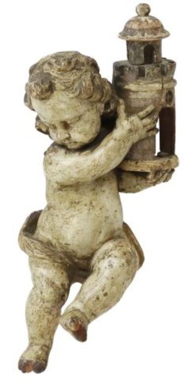 Appraisal: Architectural Italian carved wood putto th c holding turret-form lantern