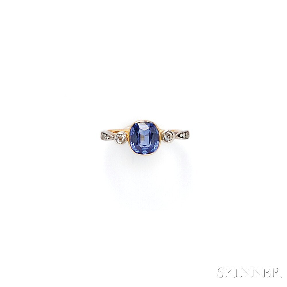 Appraisal: kt Gold Sapphire and Diamond Ring bezel-set with a cushion-cut