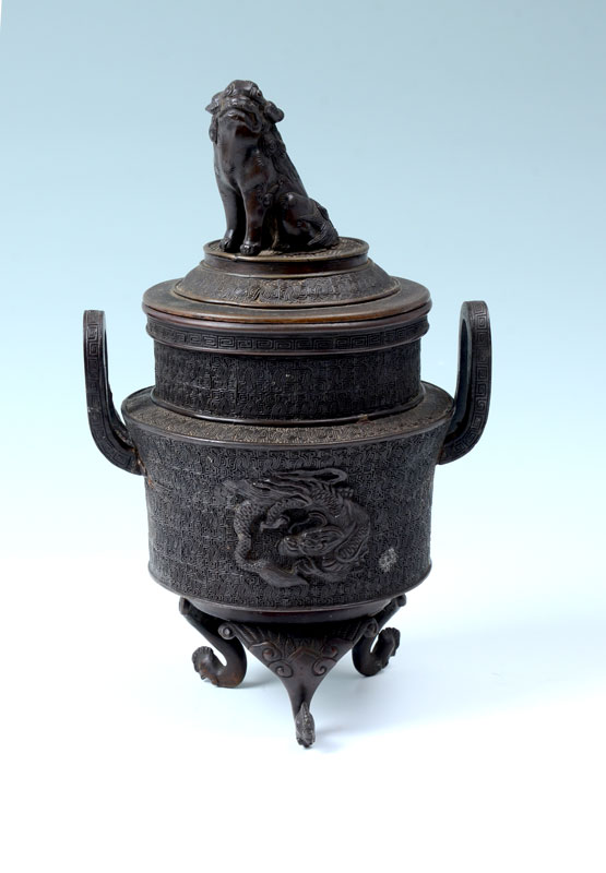 Appraisal: CHINESE BRONZE DRAGON TRIPOD CENSER Archaic form censer lid with