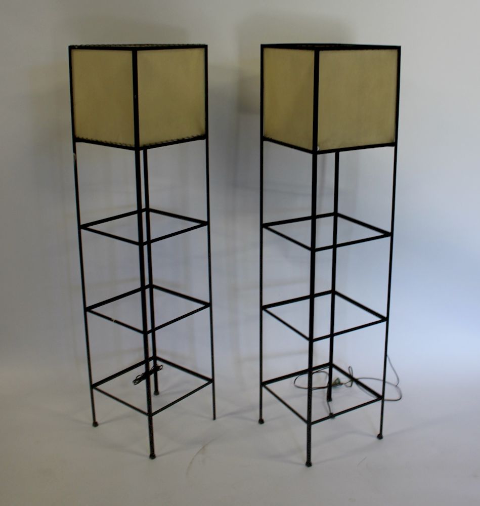 Appraisal: MIDCENTURY Pair Of Metal Box Form Standing Lamps Etageres With