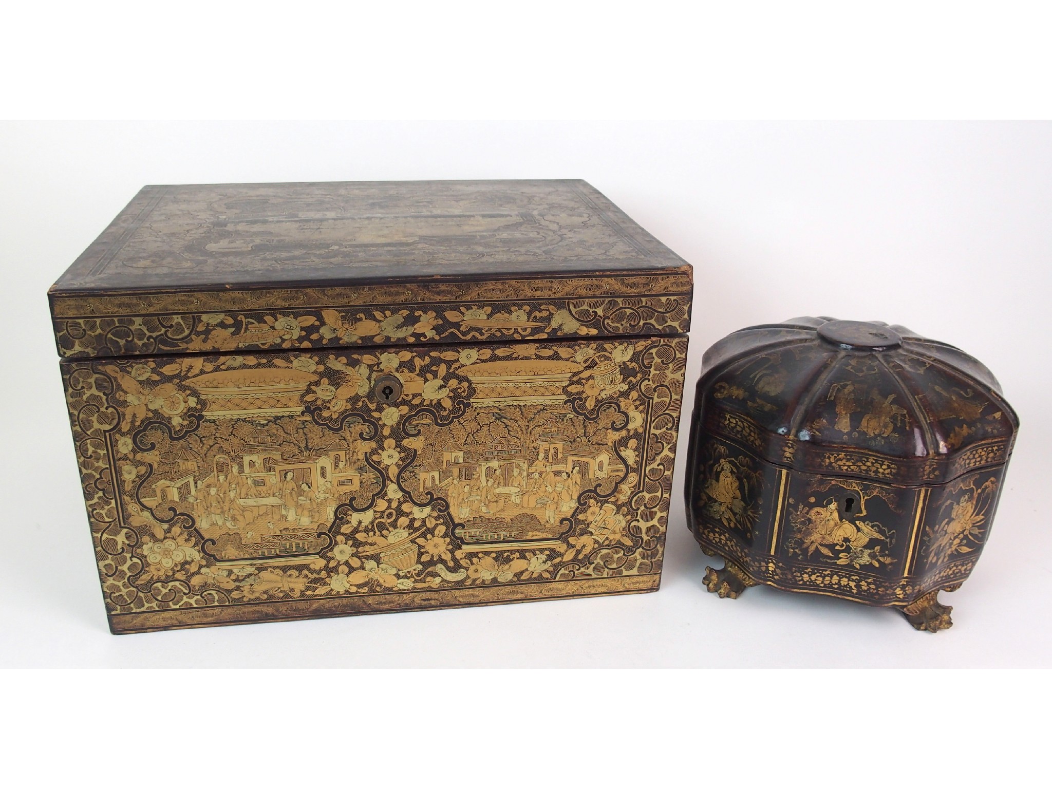 Appraisal: A Cantonese black and gold lacquered rectangular boxpainted in gilt