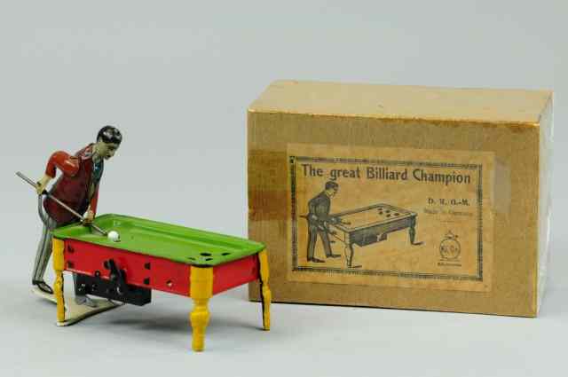 Appraisal: BOXED KICO BILLIARDS PLAYER Germany lithographed tin depicts figure with