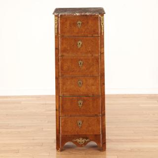 Appraisal: Louis XVI marble top parquetry semanier Louis XVI marble top