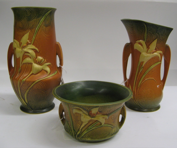 Appraisal: THREE ROSEVILLE POTTERY PIECES in the Zephyr Lily pattern vase