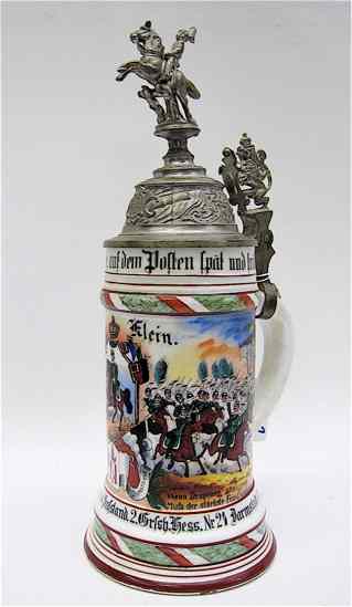 Appraisal: GERMAN REGIMENTAL PORCELAIN STEIN L with lithopane bottom figural pewter