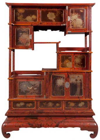 Appraisal: Japanese Lacquered and Parcel Gilt Etagere Cabinet With multiple shelves