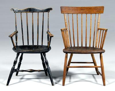 Appraisal: Two antique Windsor open armchairs one with ox bow crest