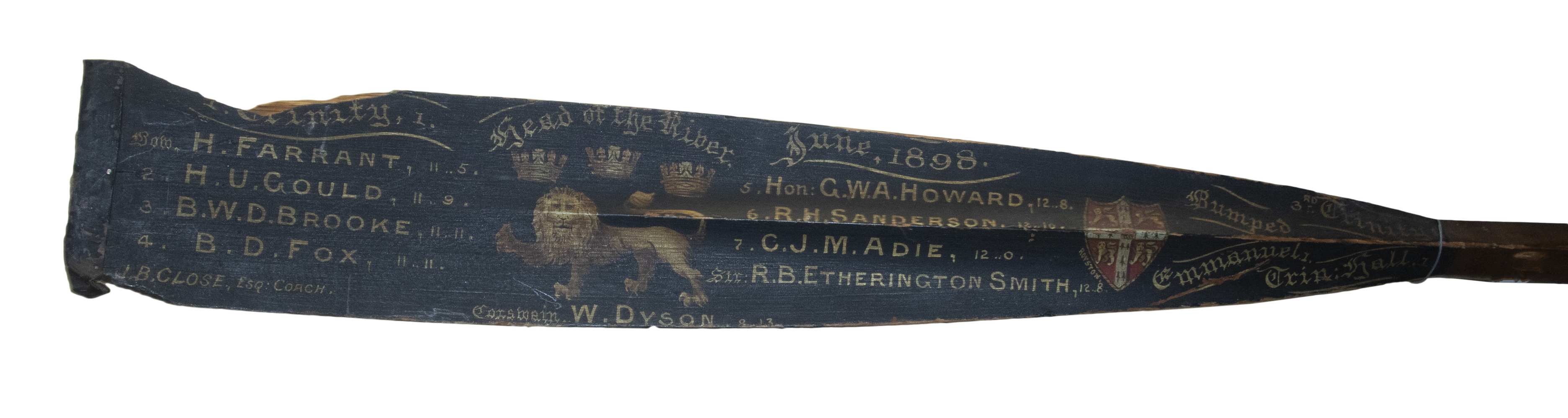 Appraisal: ENGLISH SCULLING OAR FROM TRINITY COLLEGE TEAM Painted with names