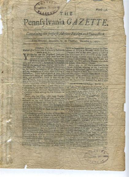 Appraisal: pieces American th-Century Newspaper The Pennsylvania Gazette Philadelphia Dec Dec