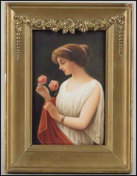 Appraisal: GERMAN HUTSCHENREUTHER PAINTED PORCELAIN PLAQUE OF ROSE Signed ''Wanger'' LR