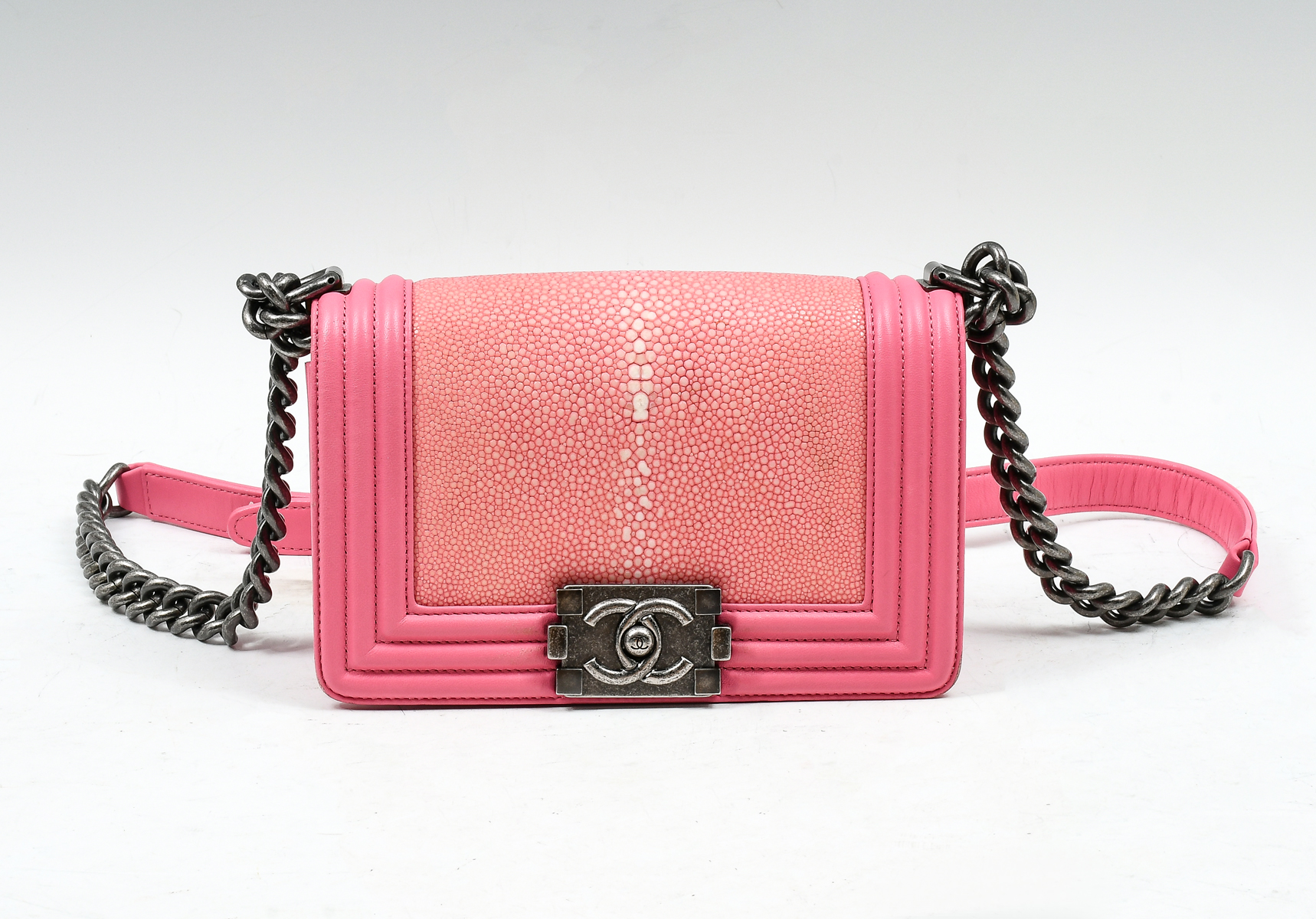 Appraisal: CHANEL LE BOY GALUCHAT STINGRAY PINK FLAP CHAIN BAG Fun