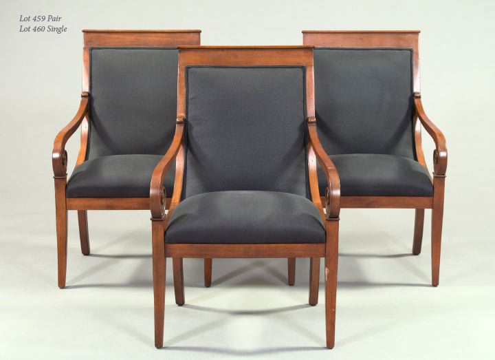 Appraisal: Pair of Regency-Style Stained Mahogany Scrolled Armchairs the padded rectangular