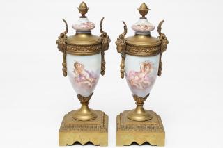 Appraisal: Sevres Attrib Porcelain Ormolu Continental Urns Sevres manner hand-painted porcelain