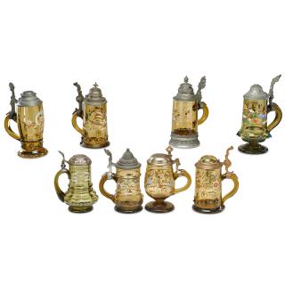 Appraisal: GROUPING OF ENAMELED GLASS STEINS Eight Each amber glass decorated