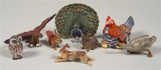 Appraisal: Eight Cold Painted Bronze Figures Includes a chicken eagle peacock