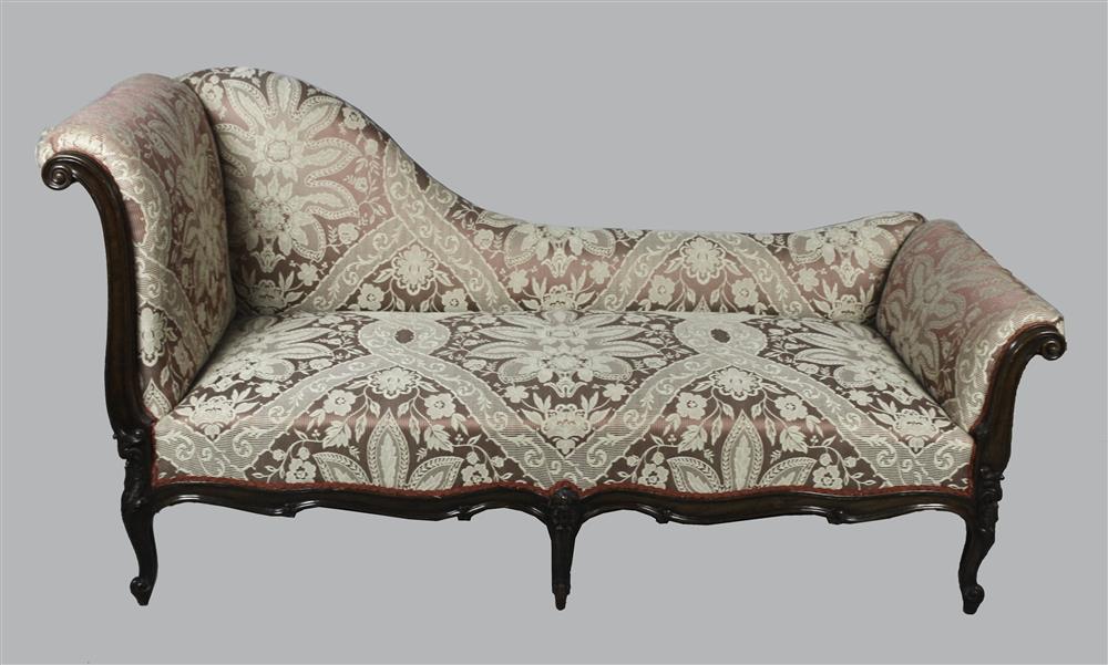 Appraisal: LOUIS XV STYLE RECAMIER WITH PLUM BROCADE UPHOLSTERY shaped upholstered