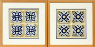 Appraisal: MAJOLICA POTTERY FRAMED TILES PAIR H W four in each