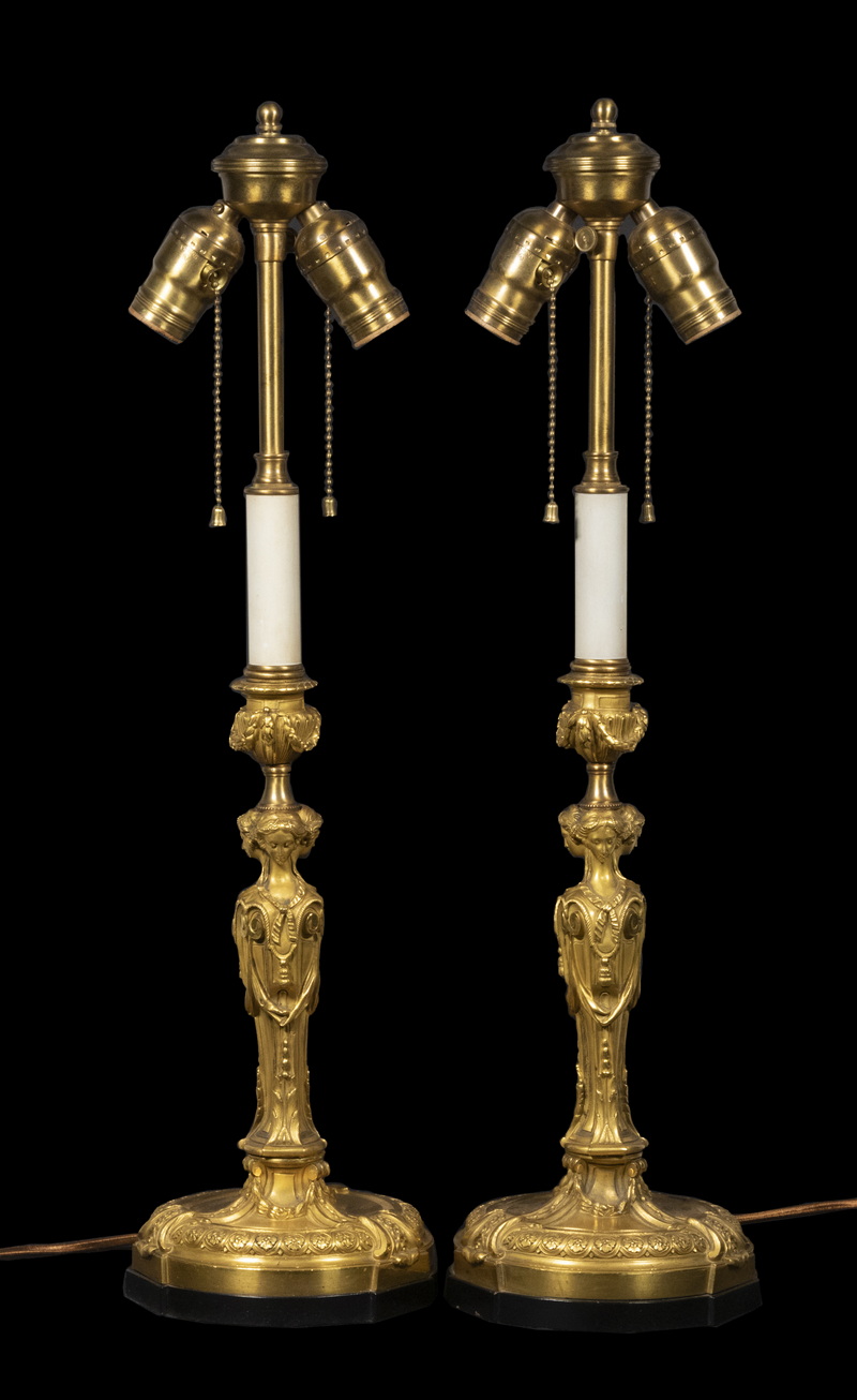 Appraisal: PR FRENCH FIGURAL BRONZE TABLE LAMPS Pair of Fire Gilded