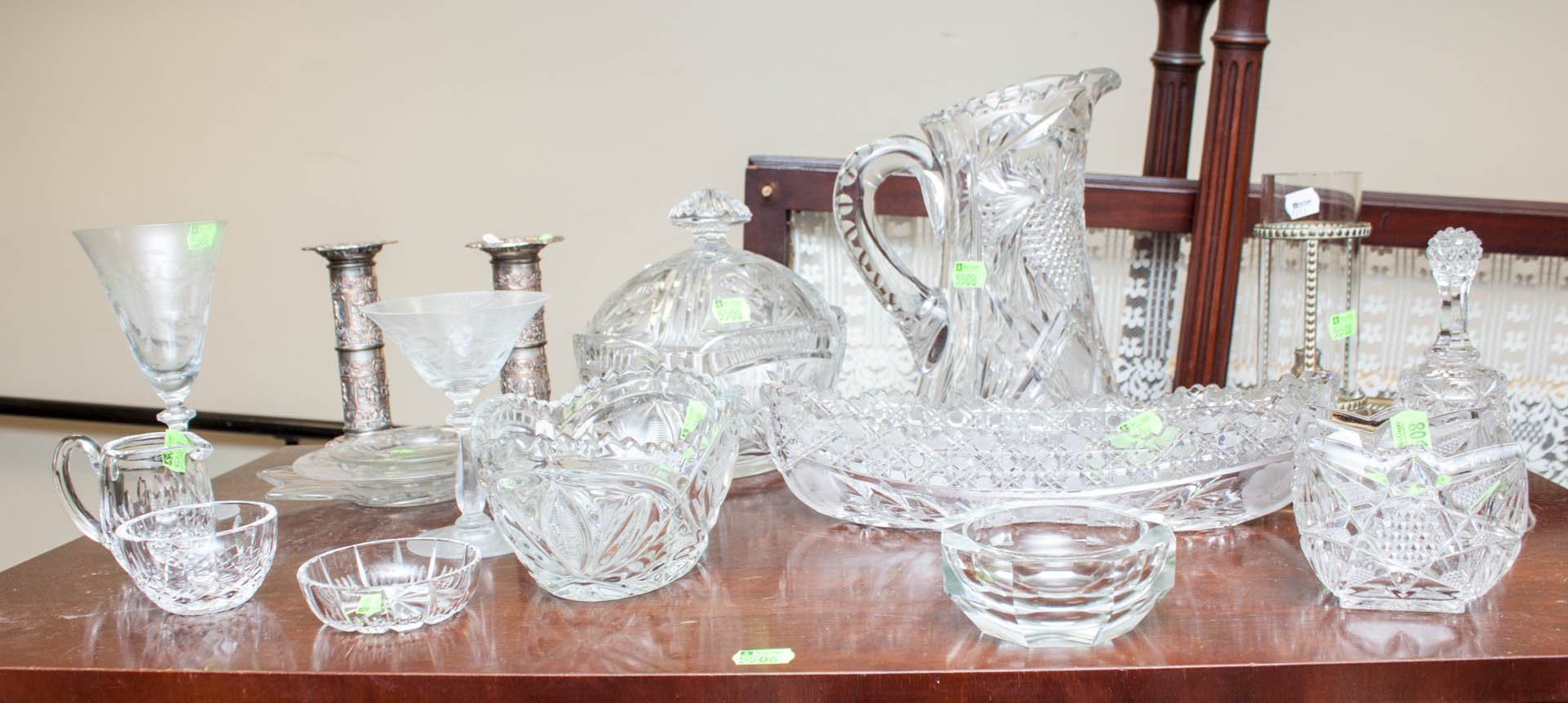 Appraisal: Assortment of glass and metal items including brass candle holders