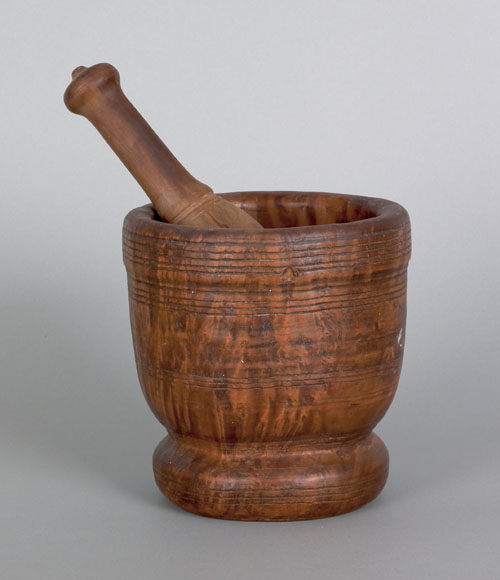 Appraisal: Burlwood mortar and pestle th c h l