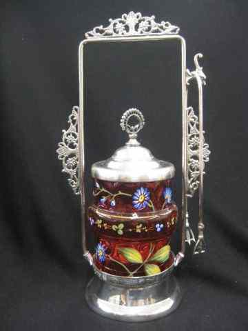 Appraisal: Victorian Pickle Castor enameled cranberry art glass insert floral decor