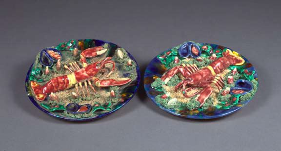 Appraisal: Pair of Portuguese Blue Drip-Glazed Palissy Ware Plates featuring langoustines