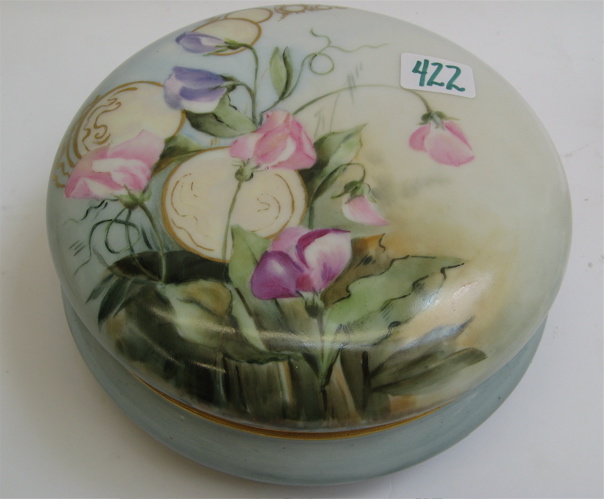 Appraisal: FRENCH PORCELAIN DRESSER BOX hand painted sweet pea flowers on