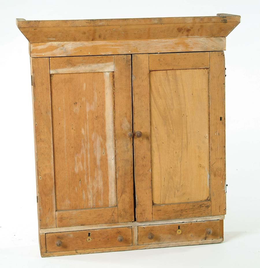 Appraisal: PRIMITIVE PINE SECRETARY TOP WALL CUPBOARD Two paneled doors open