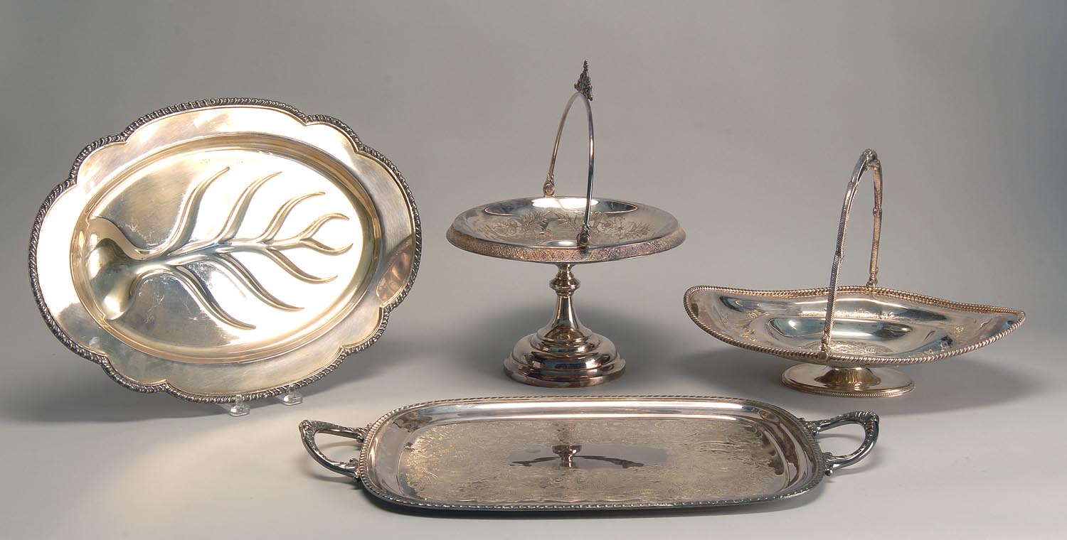 Appraisal: FOUR SILVER PLATED ITEMS well tree platter two-handled tray pedestal