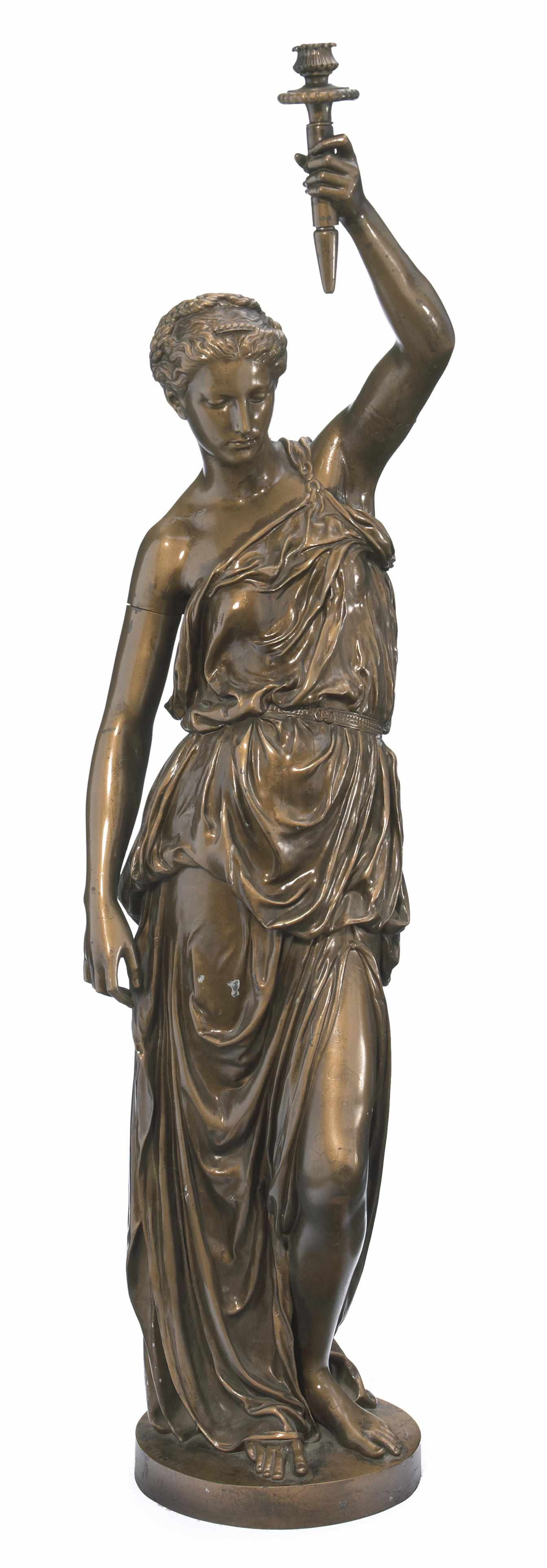 Appraisal: A large French later painted bronze figural torchre after a