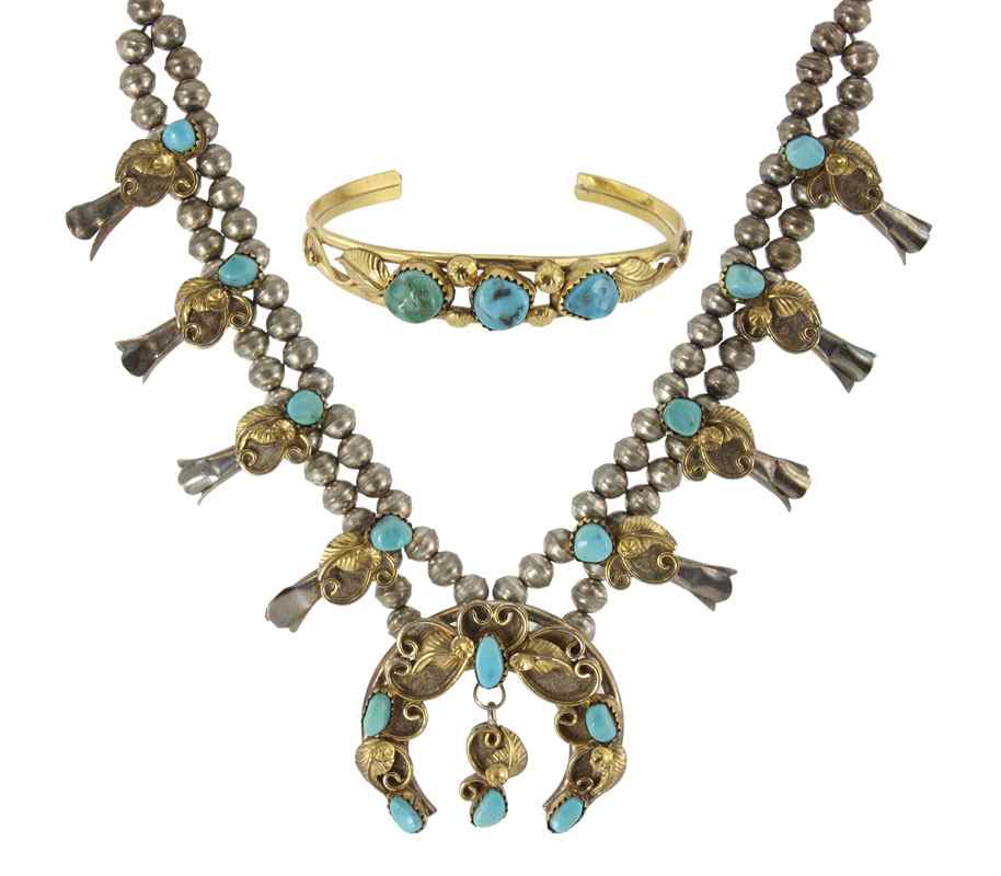 Appraisal: SOUTHWEST SQUASH BLOSSOM NECKLACE AND BRACELET Sterling squash blossom necklace