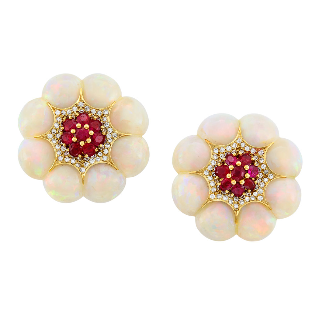 Appraisal: Pair of Gold Carved Opal Ruby and Diamond Flower Earclips