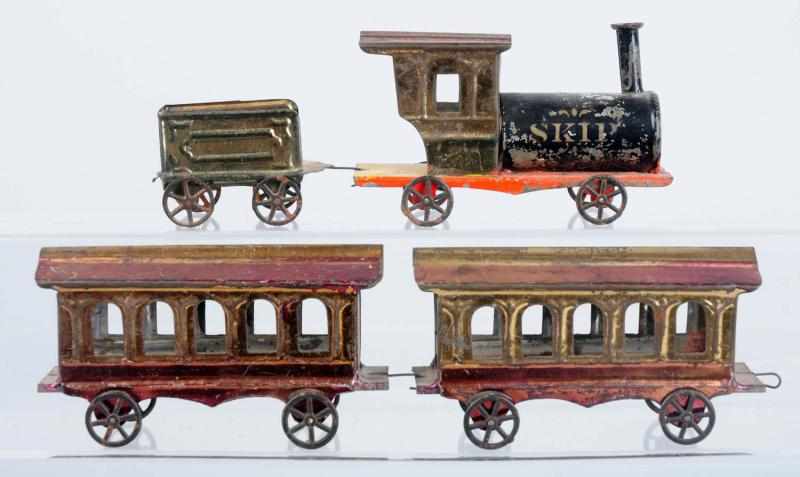 Appraisal: Early American Tin Passenger Train Set Circa s Iron wheels