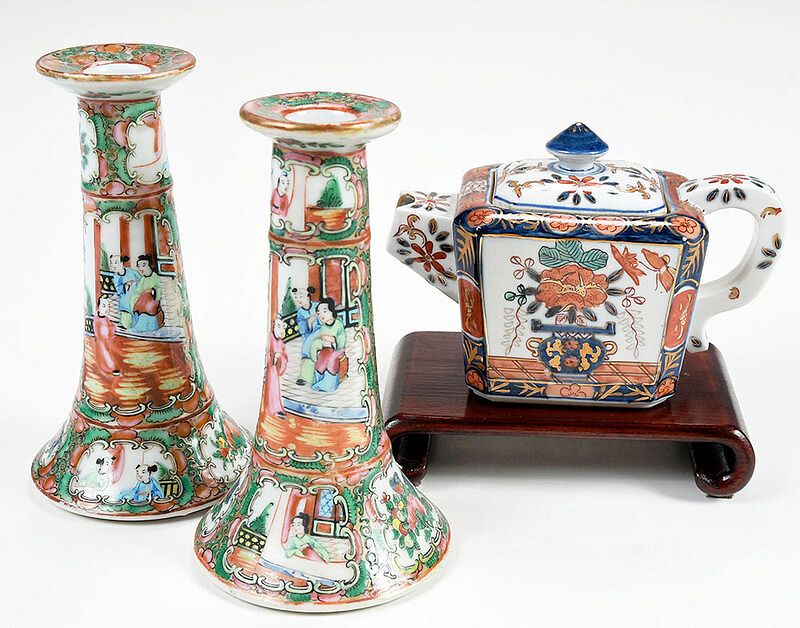 Appraisal: Three Asian Porcelain Items pair Chinese rose medallion candlesticks with