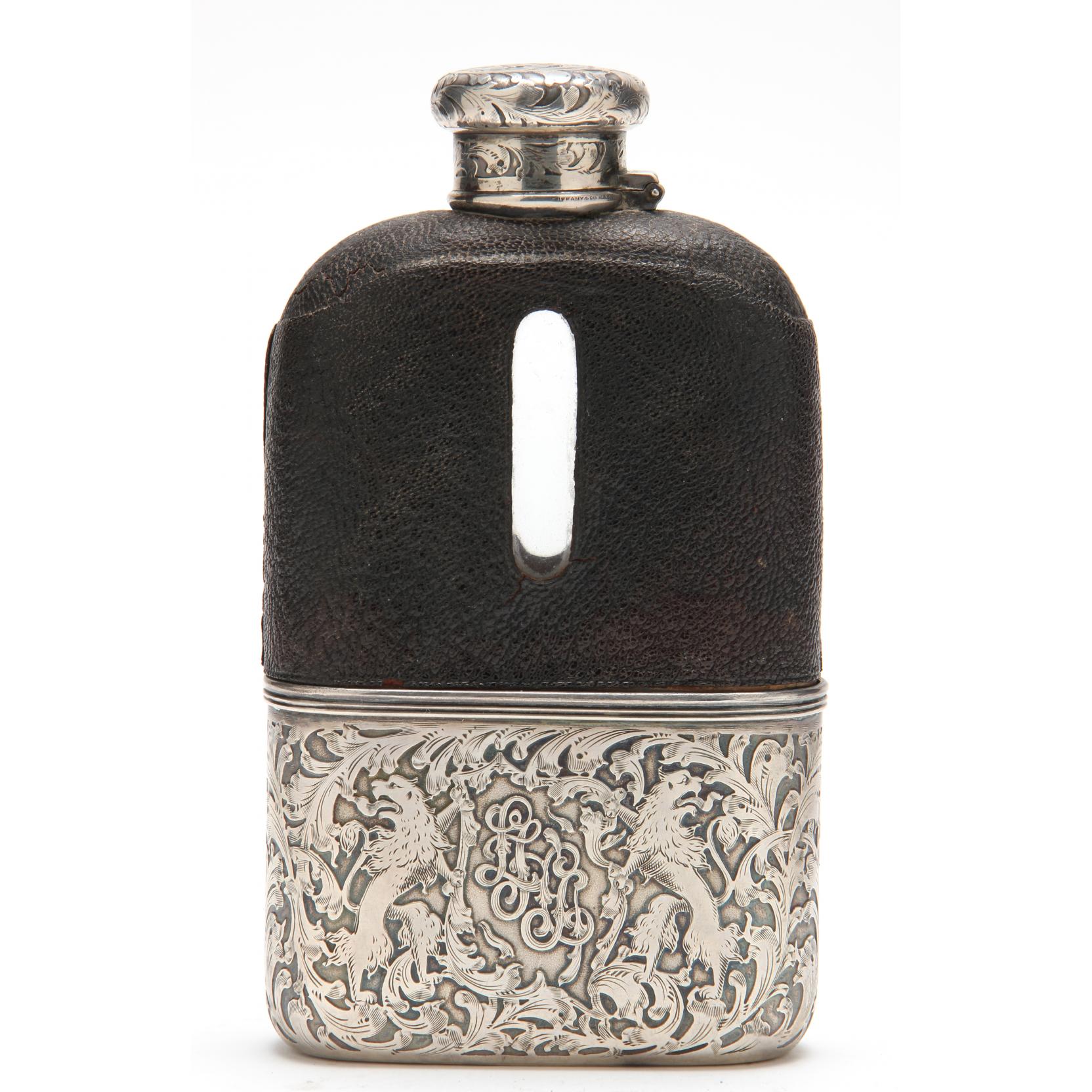 Appraisal: Antique Tiffany Co Sterling Silver Glass Flask with circa -