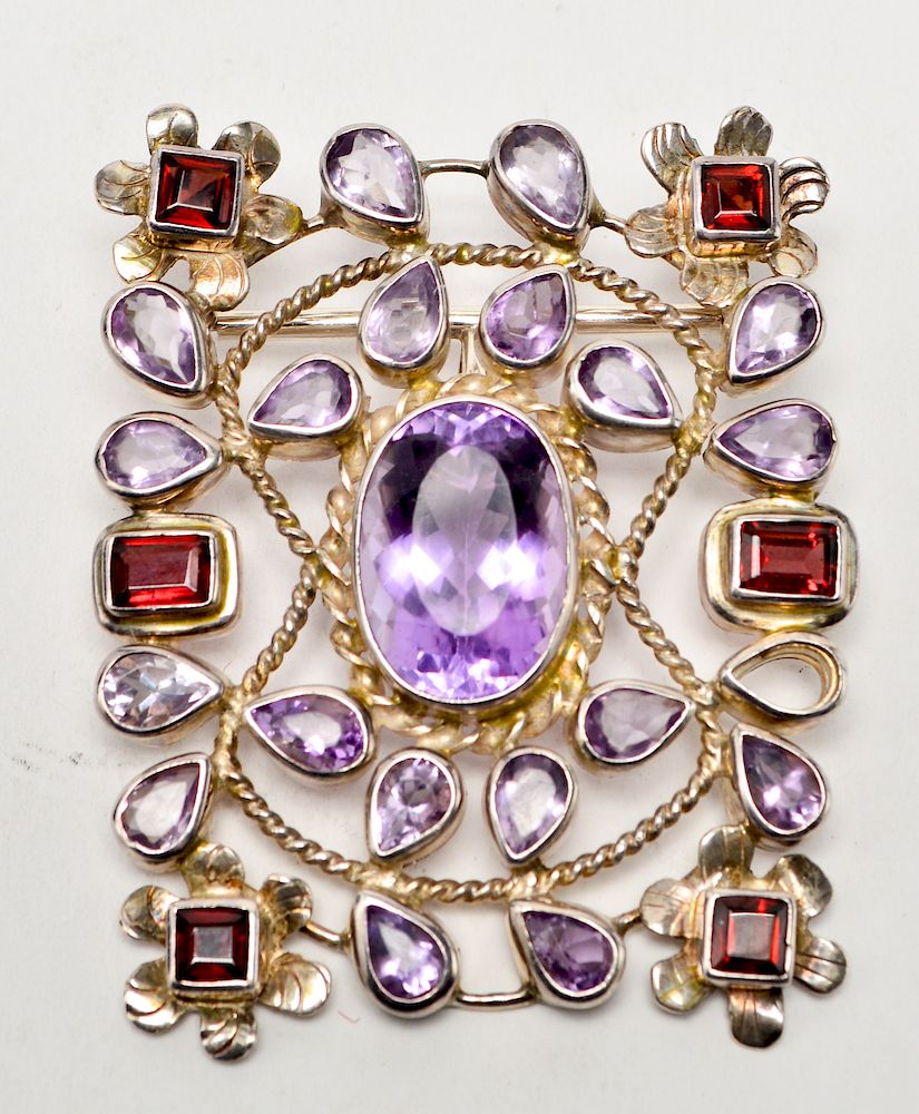 Appraisal: Sterling Silver Amethyst Garnets Pendant Brooch Sterling silver amethyst and