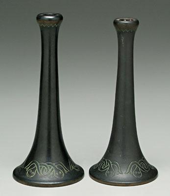 Appraisal: Pair Norse art pottery candlesticks trumpet shaped with incised snake