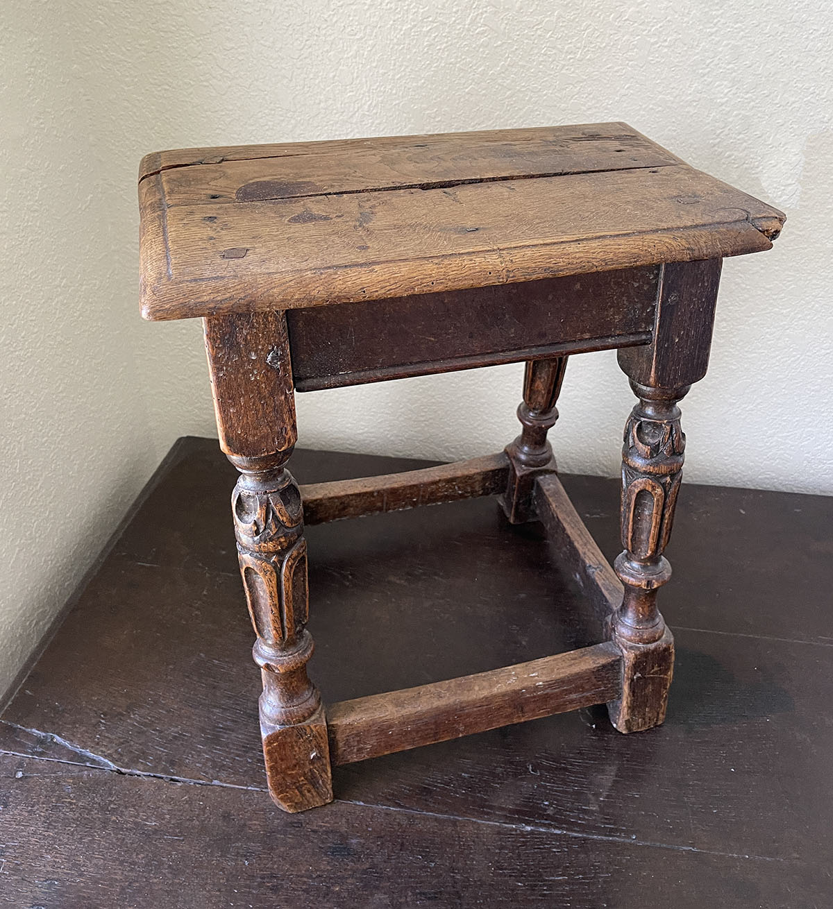 Appraisal: CHARLES II OAK JOINT STOOL Wood peg construction carved legs