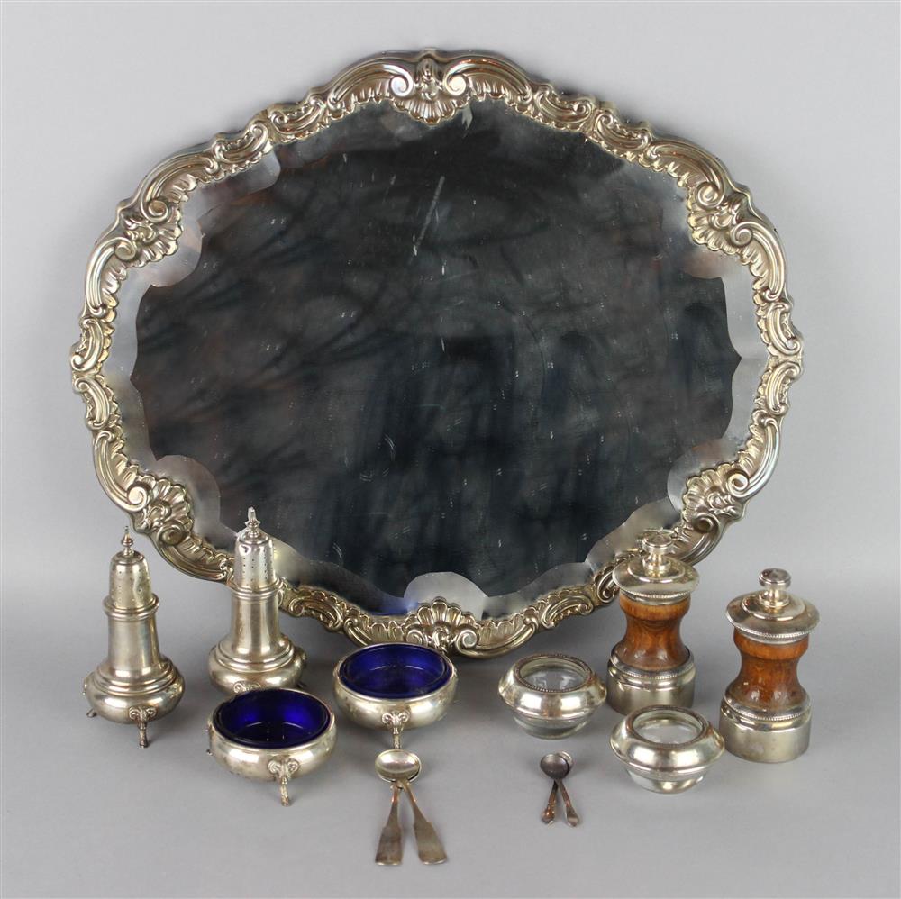 Appraisal: SILVER MOUNTED MIRRORED PLATEAU EIGHT SALT AND PEPPERS AND FOUR