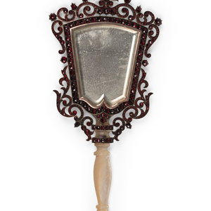 Appraisal: A Continental Mother-of-Pearl Handled Garnet-Inset Mirror Height inches Property from