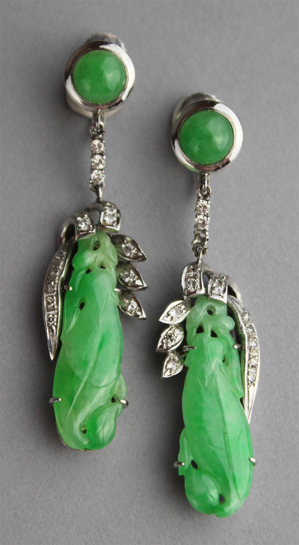 Appraisal: JADEITE AND DIAMOND DROP EARRINGS IN K WHITE GOLD the