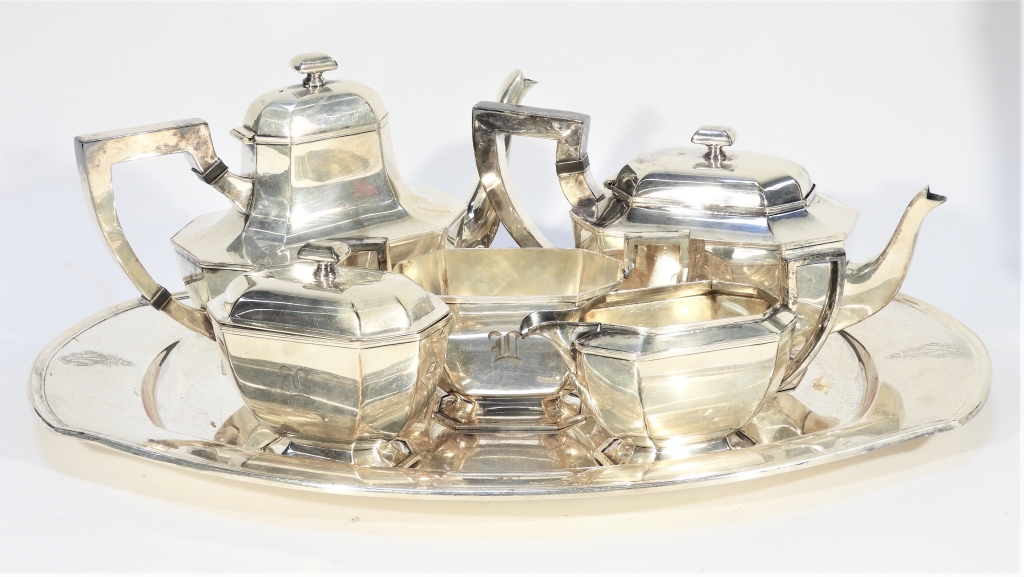 Appraisal: ATTR SHREVE CRUMP LOW SILVER PLATED TEA SET United States