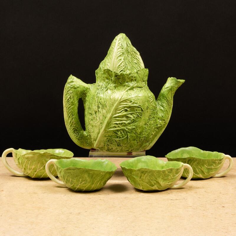 Appraisal: Mary Kirk Kelly Porcelain Lettuce Teapot and Four Cups Incised